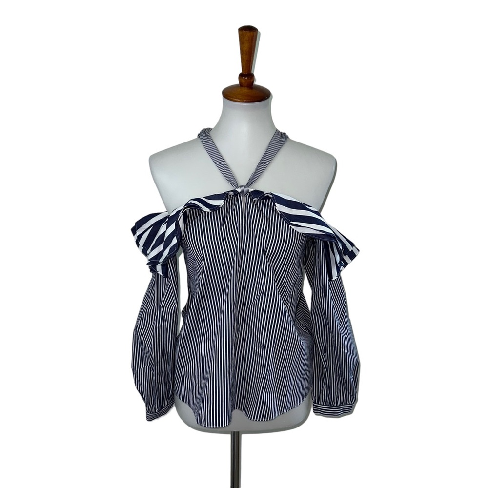 J. Crew Cold Shoulder Blouse Striped Navy Blue White Size 4P